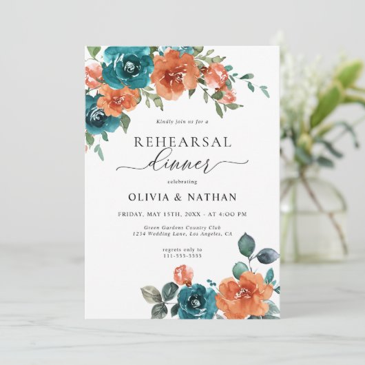 Aquamarin Burnt Orange Blume Rustikale Probe Abend Einladung (Stehend Vorderseite)