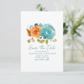 Aquamarin Burnt Orange Bouquet Fall Floral Save The Date (Stehend Vorderseite)