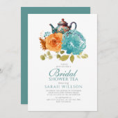 Aquamarin Burnt Orange Fall Blumenkohl Tee Brautpa Einladung (Vorne/Hinten)