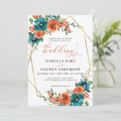Aquamarin Burnt Orange Floral Gold Boho Hochzeit Einladung (Stehend Vorderseite)
