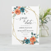 Aquamarin Burnt Orange Wasserfarbe Save the Date Einladung (Stehend Vorderseite)