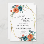 Aquamarin Burnt Orange Wasserfarbe Save the Date Einladung (Vorne/Hinten)