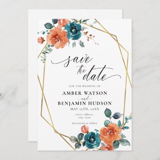 Aquamarin Burnt Orange Wasserfarbe Save the Date Einladung (Vorne/Hinten)