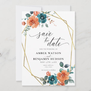 Aquamarin Burnt Orange Wasserfarbe Save the Date Einladung