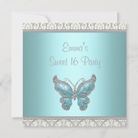 Aquamarin Butterfly Damask Sweet 16 Party Einladung (Vorderseite)