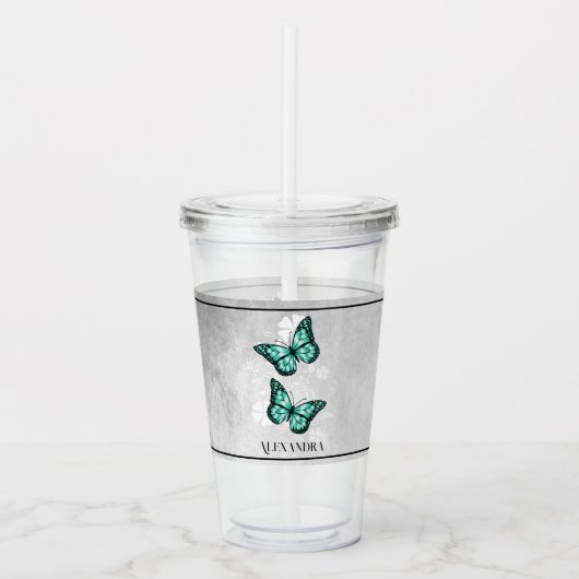 Aquamarin Butterfly Floral Personalisiert Acrylic Acryltrinkbecher (Vorderseite)