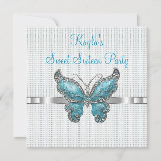 Aquamarin Butterfly Sweet 16. Geburtstagsparty Einladung (Vorderseite)