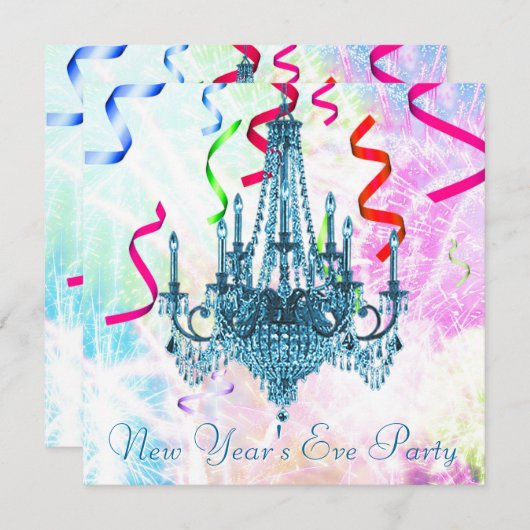 Aquamarin Chandelier Confetti Feuerwerk Silvester Einladung (Vorne/Hinten)
