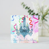 Aquamarin Chandelier Confetti Feuerwerk Silvester Einladung (Stehend Vorderseite)