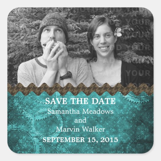 Aquamarin Chic Steampunk Foto Save the Date Sticke Quadratischer Aufkleber (Vorderseite)