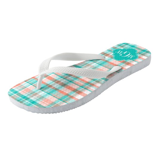 Aquamarin Coral White Preppy Monogram Badesandalen (Schrägansicht)