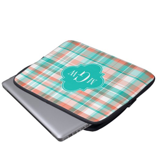 Aquamarin Coral White Preppy Monogram Laptopschutzhülle (Vorne Knopf)