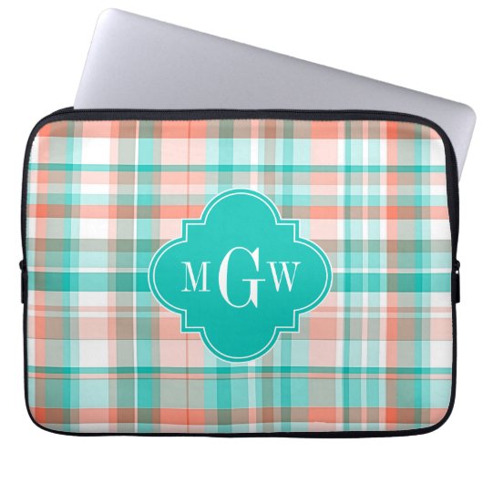 Aquamarin Coral White Preppy Monogram Laptopschutzhülle (Vorderseite)