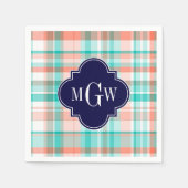 Aquamarin Coral White Preppy Monogram Serviette (Vorderseite)