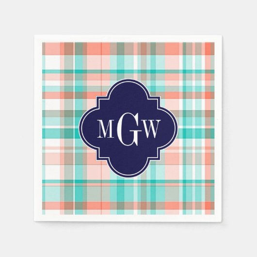 Aquamarin Coral White Preppy Monogram Serviette (Vorderseite)