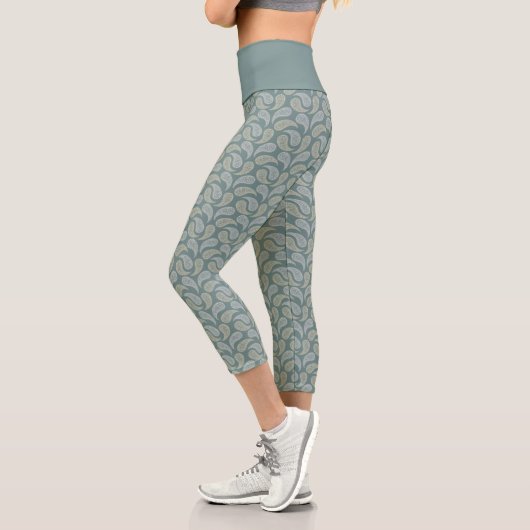 Aquamarin-Cream Paisley Pattern Hochwaisted Capris (Links)