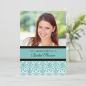Aquamarin Damask Foto Bridal Dusche Einladungskart Einladung (Stehend Vorderseite)