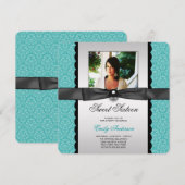Aquamarin Damask Foto Sweet 16 Party Einladung (Vorne/Hinten)