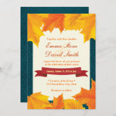 Aquamarin Damask Golden Blätter Hochzeit im Herbst Einladung (Vorne/Hinten)