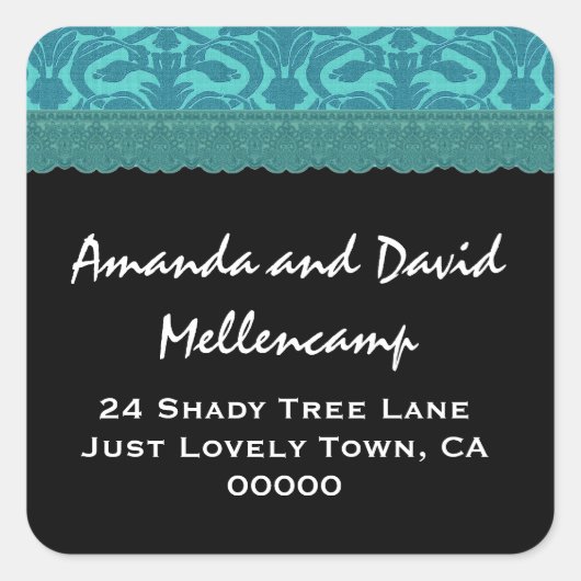 Aquamarin Damask Hochzeit-Rücksendeadressen-Aufkle Quadratischer Aufkleber (Vorderseite)