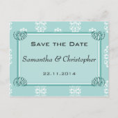 Aquamarin Damask Hochzeit Save the Date Ankündigungspostkarte (Vorderseite)