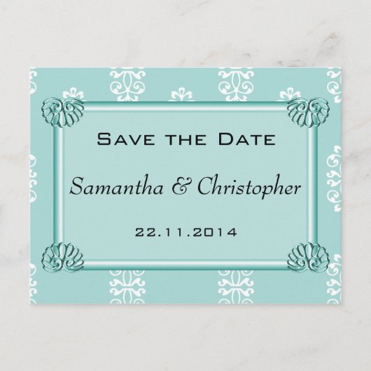 Aquamarin Damask Hochzeit Save the Date Ankündigungspostkarte (Vorderseite)