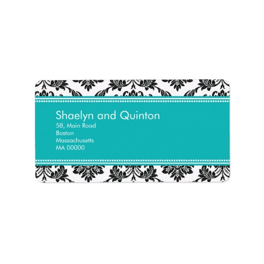 Aquamarin Damask Hochzeitadressen-Labels Adressaufkleber (Vorne)