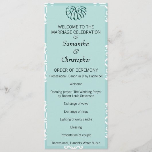 Aquamarin Damask Hochzeitsprogramm Programm (Vorderseite)