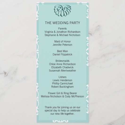 Aquamarin Damask Hochzeitsprogramm Programm (Rückseite)