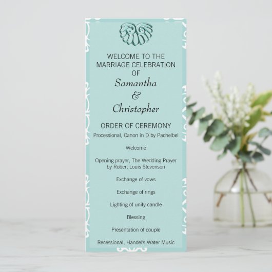 Aquamarin Damask Hochzeitsprogramm Programm (Stehend Vorderseite)