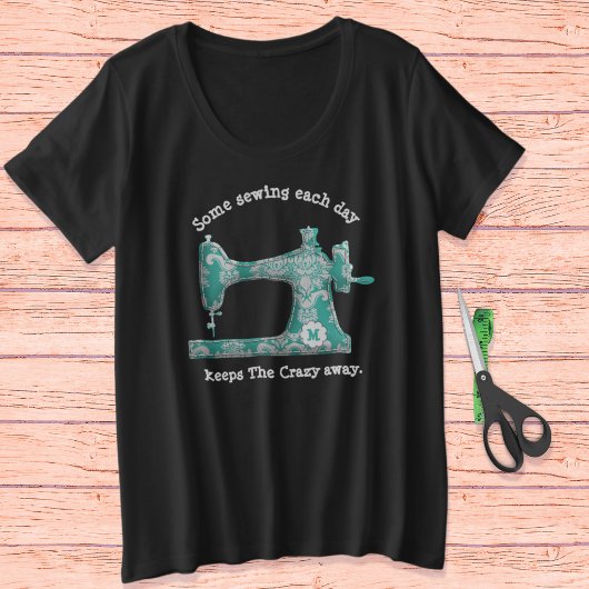 Aquamarin Damask Monogram Nähen Spaß T - Shirt