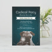 Aquamarin Damask Mops & Wine Cocktail Party Einlad Einladung (Stehend Vorderseite)