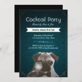 Aquamarin Damask Mops & Wine Cocktail Party Einlad Einladung (Vorne/Hinten)