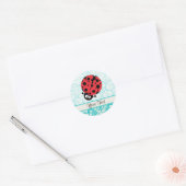 Aquamarin Damask Muster Ladybug Runder Aufkleber (Umschlag)