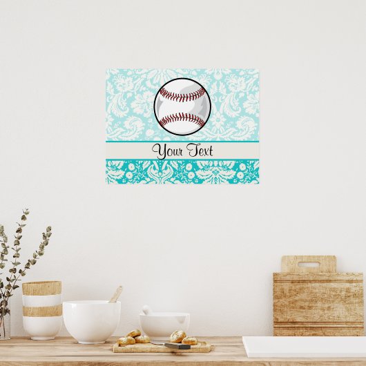 Aquamarin Damask Muster Softball Poster (Küche)