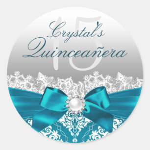 Aquamarin Damask & Pearl Bow Quinceanera Sticker