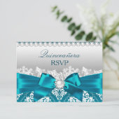 Aquamarin Damask Pearl Bow Quinceanera UAWG RSVP Karte (Stehend Vorderseite)