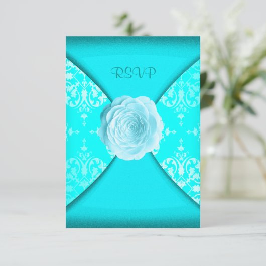 Aquamarin Damask Rose Aquamarin Blue Jeder Anlass  RSVP Karte (Stehend Vorderseite)