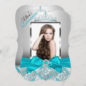 Aquamarin Damask Tiara Foto Quinceanera Einladung (Vorne/Hinten)