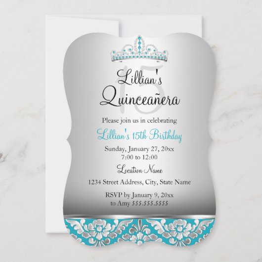 Aquamarin Damask Tiara Foto Quinceanera Einladung (Rückseite)