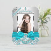 Aquamarin Damask Tiara Foto Quinceanera Einladung (Stehend Vorderseite)