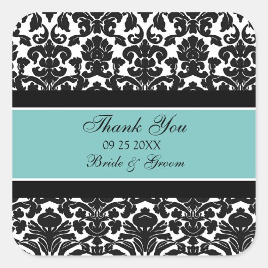 Aquamarin Damask Vielen Dank Gastgeschenk Hochzeit Quadratischer Aufkleber (Vorderseite)