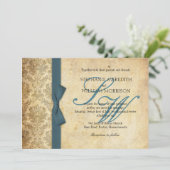Aquamarin Damask Vintag Bow Wedding Einladung (Stehend Vorderseite)