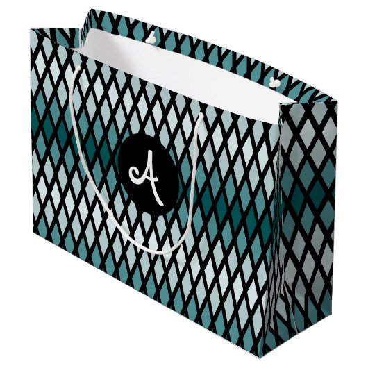 Aquamarin Diamond Ombre Monogram Große Geschenktüte (Rückseite Schrägansicht)