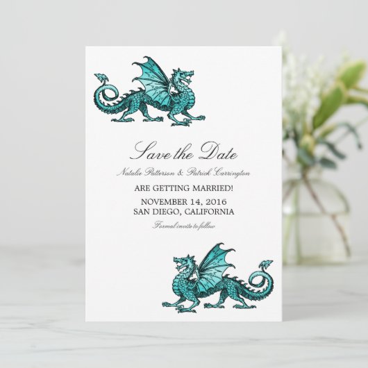 Aquamarin Drache Save the Date einladen Einladung (Stehend Vorderseite)