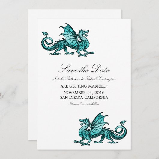 Aquamarin Drache Save the Date einladen Einladung (Vorne/Hinten)