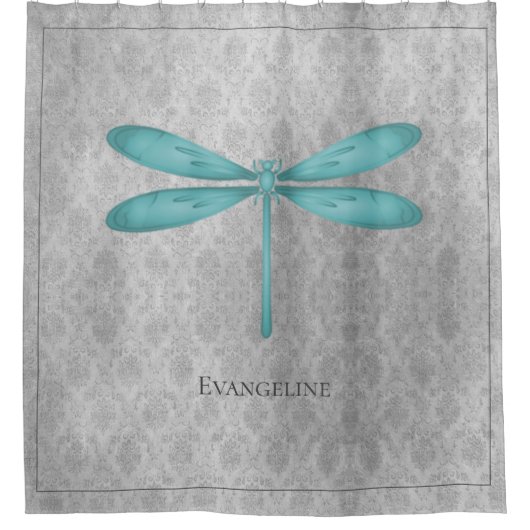 Aquamarin Dragonfly Damask Duschvorhang (Vorderseite)