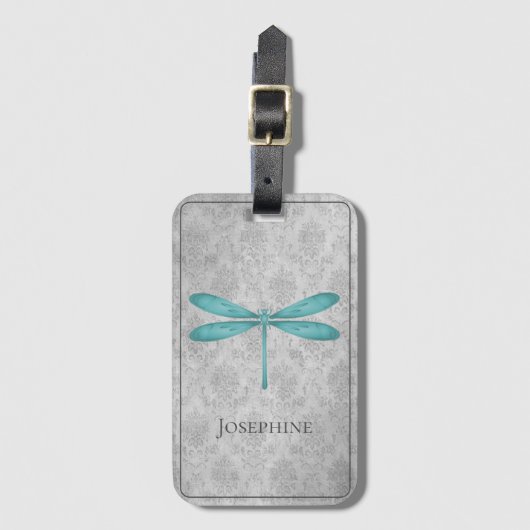 Aquamarin Dragonfly Damask Gepäckanhänger (Vorderseite Vertikal)