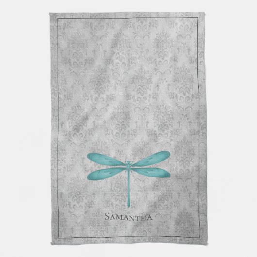 Aquamarin Dragonfly Damask Geschirrtuch (Vertikal)