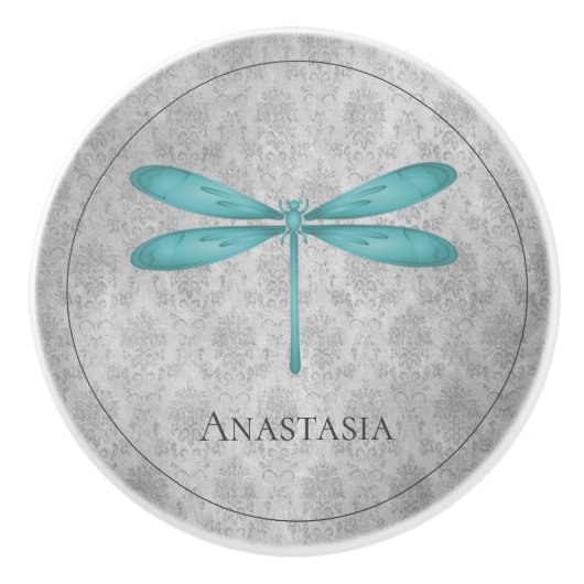 Aquamarin Dragonfly Damask Keramikknauf (Vorderseite)
